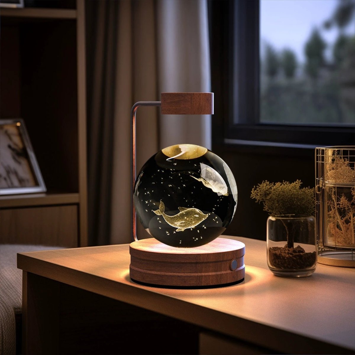 Mandotos crystal ball cosmic dinosaur indoor night light with USB power, warm glow, ideal for bedside or birthday gift.
