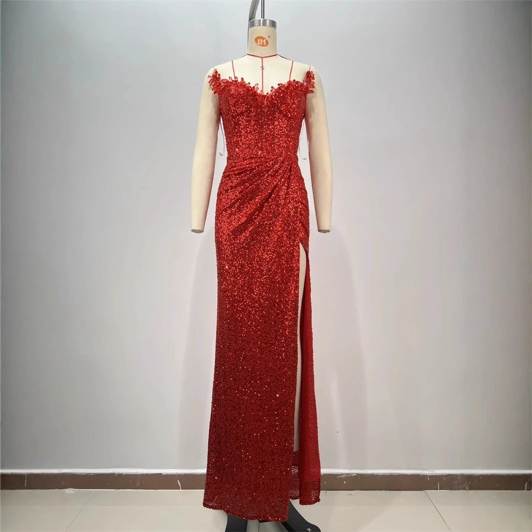 Drop-shaped diamond red paillette tube coat and dress by MANDOTOS, featuring a sexy low-cut and high-slit design.