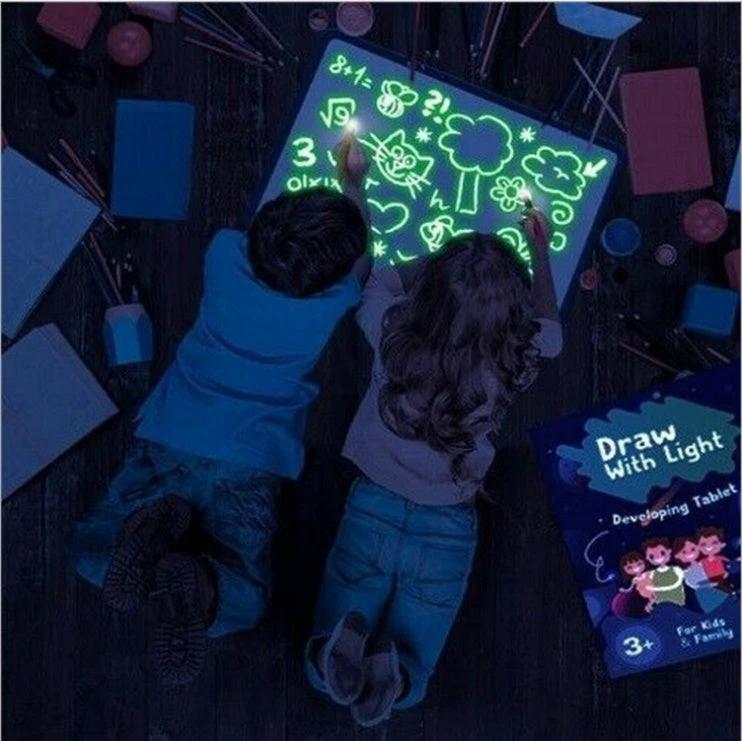 Mandotos Educational Toy Drawing Pad with 3D Magic 8 light effects and puzzle board for creative sketching and learning.