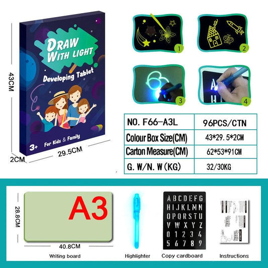 MANDOTOS educational toy drawing pad with 3D magic light effects and puzzle board for creative sketching and learning fun.