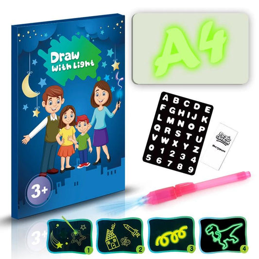 Mandotos educational drawing pad with 3D magic light effects and puzzle board for kids' creative learning and sketching.