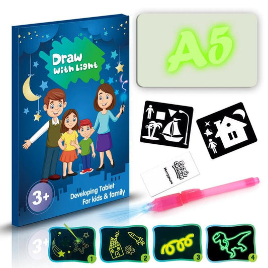 Mandotos educational drawing pad with 3D magic light effects and puzzle board for kids' creative sketching and learning.