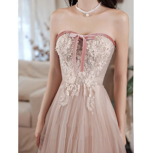 Elegant MANDOTOS tube lace sequined ball gown, perfect for prom, pageantry, or formal events, with a flowing silhouette and intricate details.