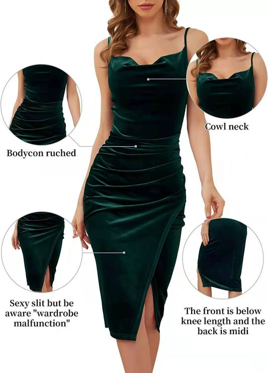 Velvet slitted party dress for women with pleats, featuring a sling style and elegant temperament, by MANDOTOS.