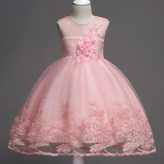 First Communion flower girl dress by Mandotos featuring lace trim, tulle fabric, and bead embroidery for special occasions.