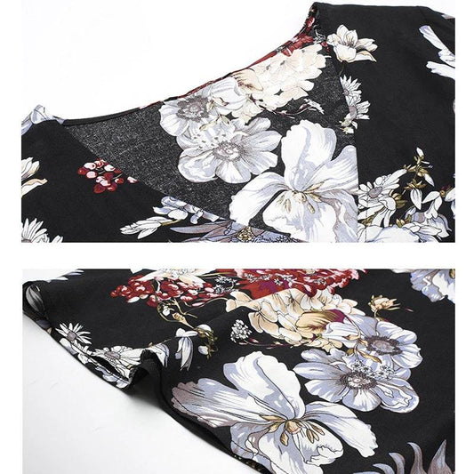 Mandotos floral summer beach dress with V-neck and elastic waist, flowing lightweight dress for women suitable for beachwear