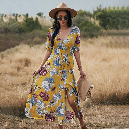 Mandotos floral summer beach dress with V-neck and elastic waist, perfect for women’s casual and beachwear occasions.
