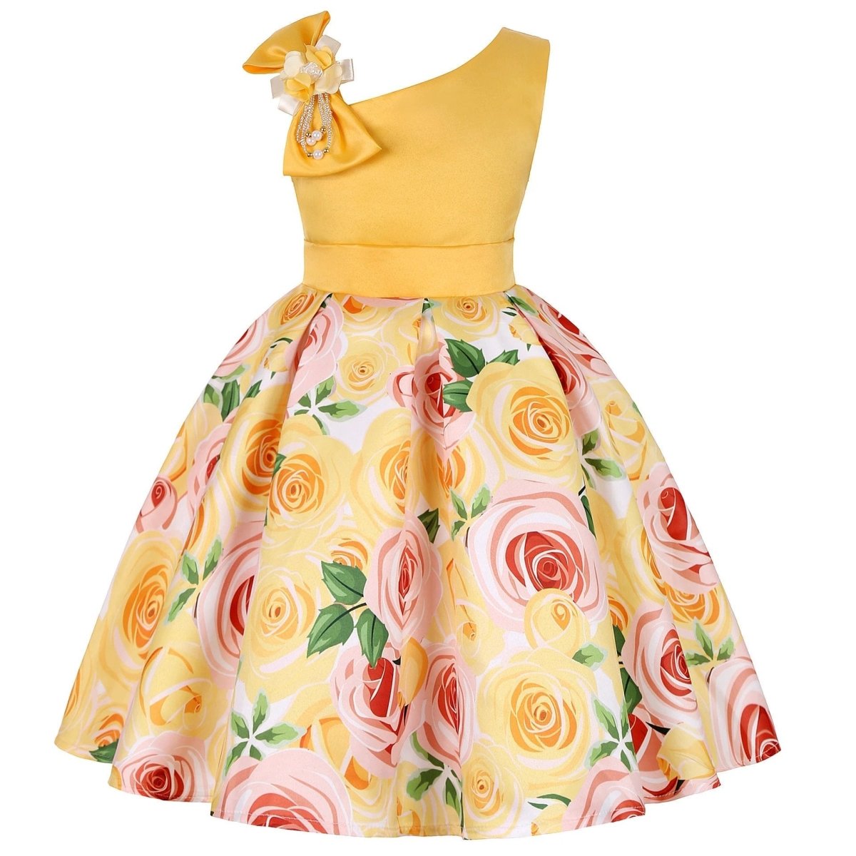 Girls' princess dress by MANDOTOS featuring colorful digital print, perfect for children's special occasions and dress-up fun.