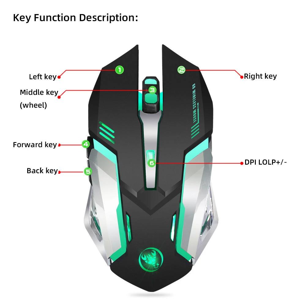 Mandotos wireless gaming mouse with glowing LED lights, 2.4GPI connection, compact design, and ergonomic shape for comfortable use.