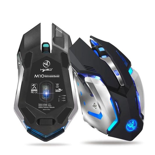 Mandotos wireless gaming mouse with glowing LED lights, 2.4GPI connectivity, ergonomic design, suitable for gaming and office use.