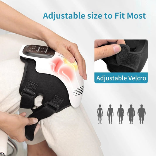 Mandotos knee relief massager with heating and vibration features, showing the device wrapped around a user's knee for pain relief.