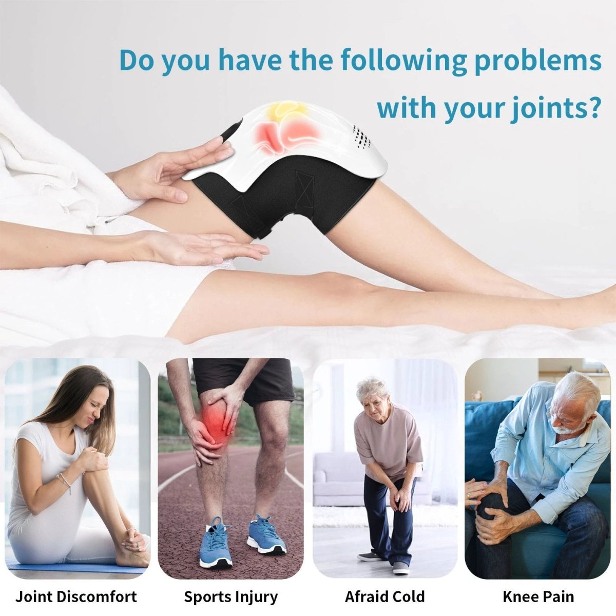 Mandotos knee relief massager with heating and vibration technology, showing adjustable straps and control panel for soothing therapy.
