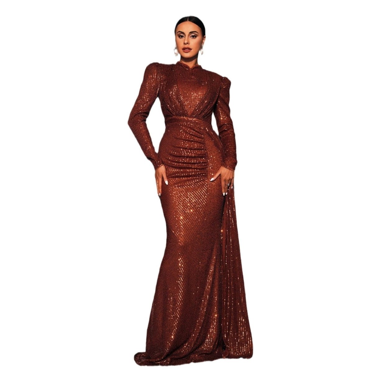 Mandotos long sleeve round neck sequined banquet dress, slim fit, elegant evening gown with shimmering embellishments.