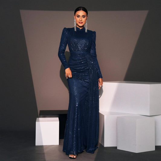 Mandotos long sleeve round neck slim sequined banquet dress, elegant evening gown with a fitted silhouette and shimmering embellishments.