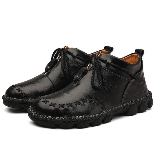 Mandotos men's leather British short boots with hand-stitched details, retro style, large size, and sturdy leather construction.
