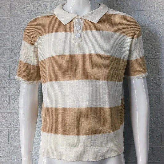 Mandotos men's short sleeve summer sweater with lapel, casual fashion for warm weather, stylish men's clothing.