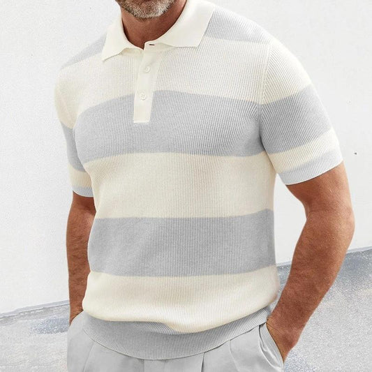 Mandotos men's short sleeve summer sweater with a lapel collar, casual men's clothing for warm weather.