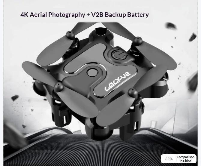 Mini folding drone by MANDOTOS with compact design, four propellers, and remote control, suitable for easy outdoor flying.