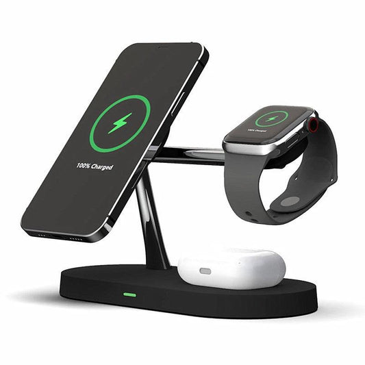 MANDOTOS multifunctional five-in-one magnetic wireless charger for watch, headset, phone; includes desktop holder and 15W fast charge.