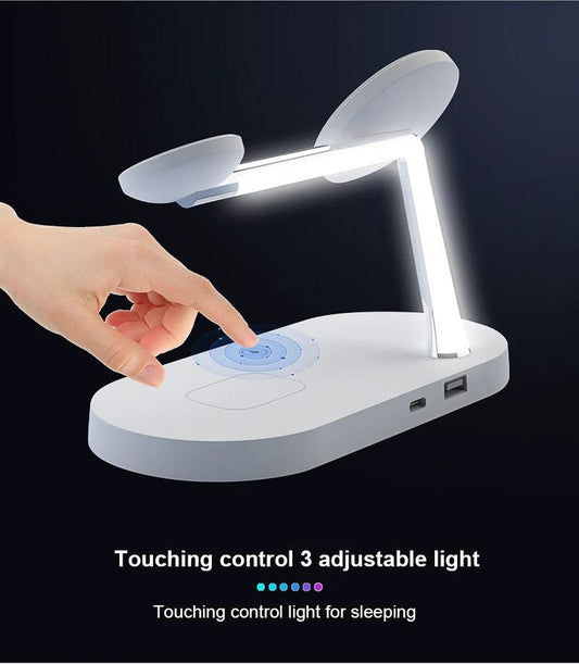 Mandotos multifunctional five-in-one magnetic wireless charger with phone, watch, headset holder, and 15W fast charging.