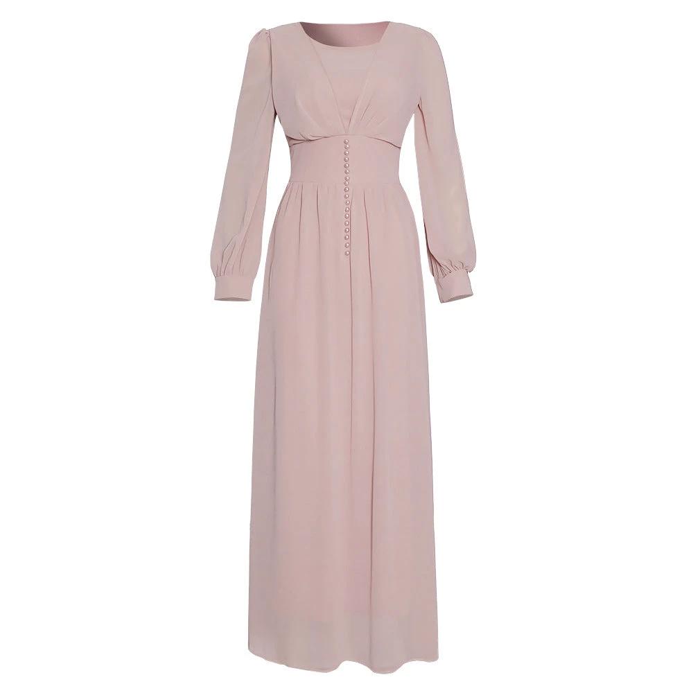 Mandotos Muslim women's long sleeve chiffon dress, elegant modest attire with flowing fabric and intricate detailing.