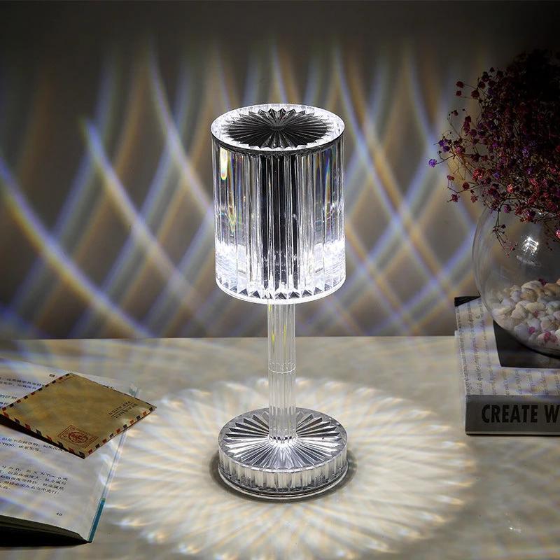 Mandotos crystal table lamp with diamond design, warm LED light, ideal for home decor, romantic gift, and hotel decoration.