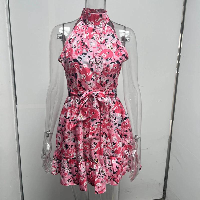 Mandotos women's summer halterneck dress with floral print, ruffled details, lace-up back, and a stylish, temperament design.