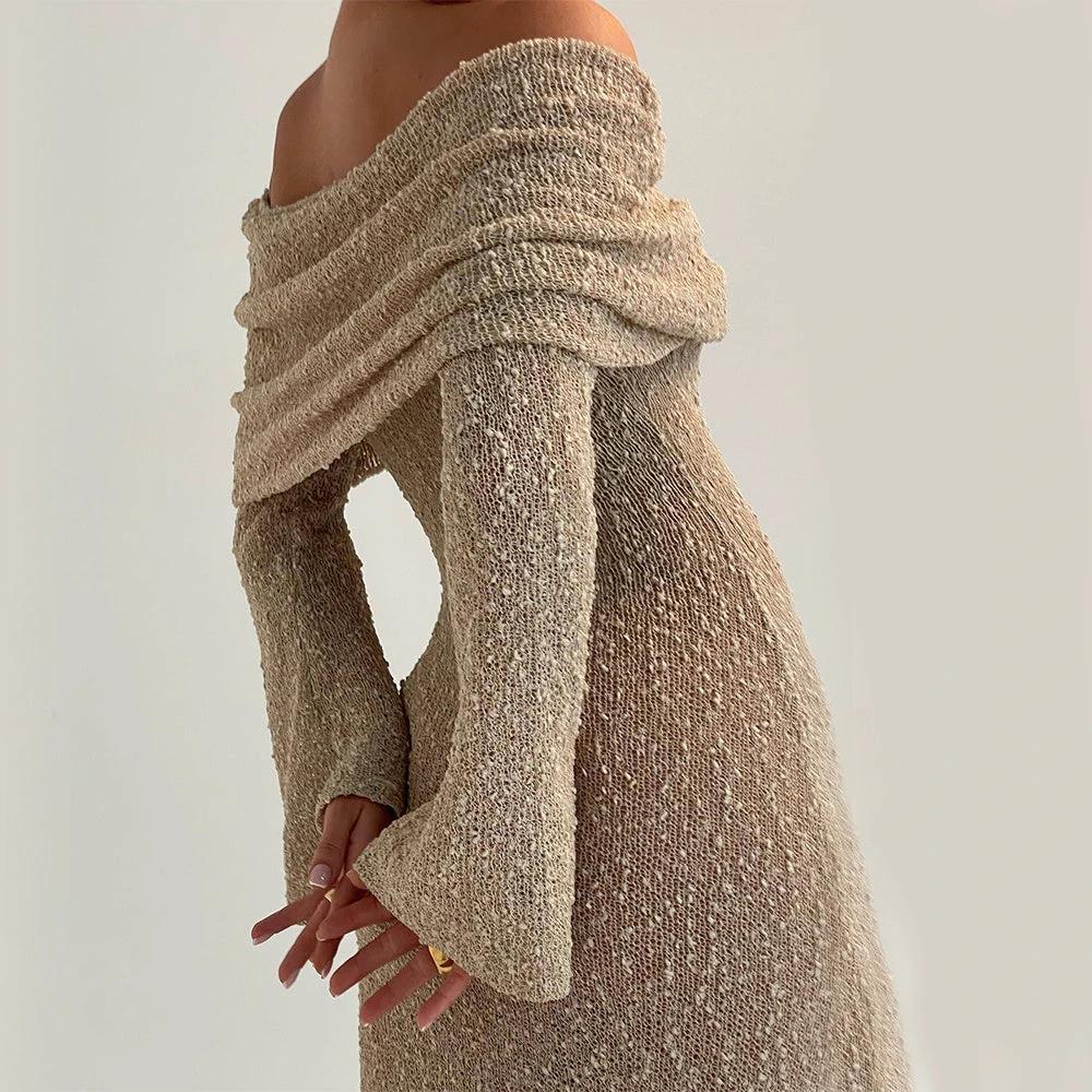 Mandotos women's one-shoulder knitted long-sleeved dress, perfect for beach holidays and stylish summer wear.