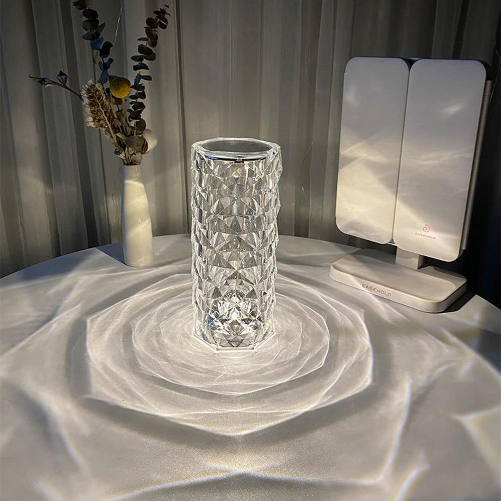 Mandotos Nordic crystal USB table lamp with touch dimming, rose projector, diamond night light, bedroom decor, atmospheric illumination