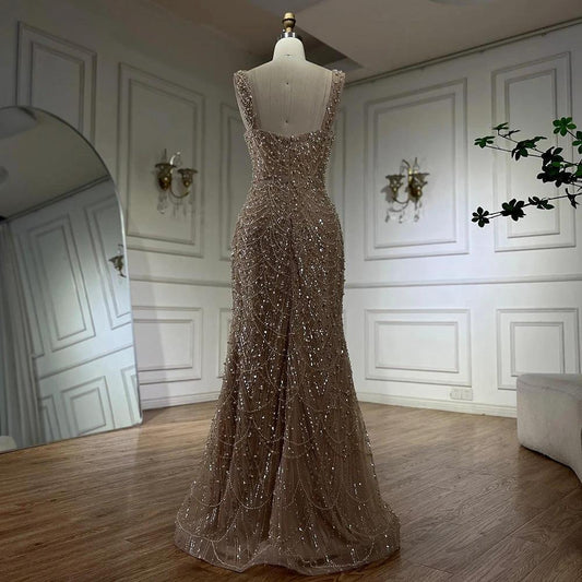 Mandotos nude elegant sling dress with light luxury design, high-end pearl beaded detailing, perfect for formal occasions.