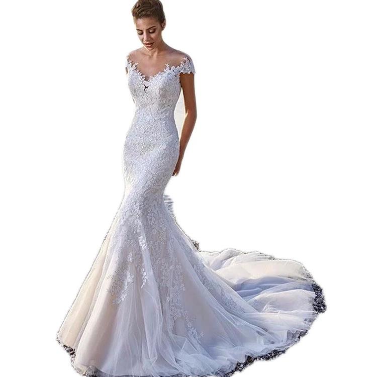White Princess Bride Mermaid Wedding Dress by MANDOTOS, backless lace gown with trailing train, elegant bridal gown for special occasions.
