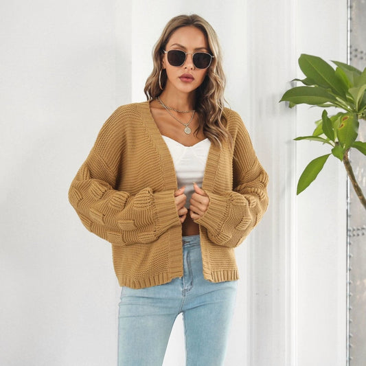 Mandotos women's puff sleeve cardigan sweater with chunky knit texture and front coat style, stylish and cozy for casual wear.