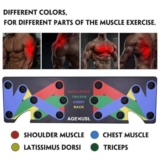 Mandotos 9-in-1 push-up rack for body building and fitness; versatile exercise tool for men and women in gym training.