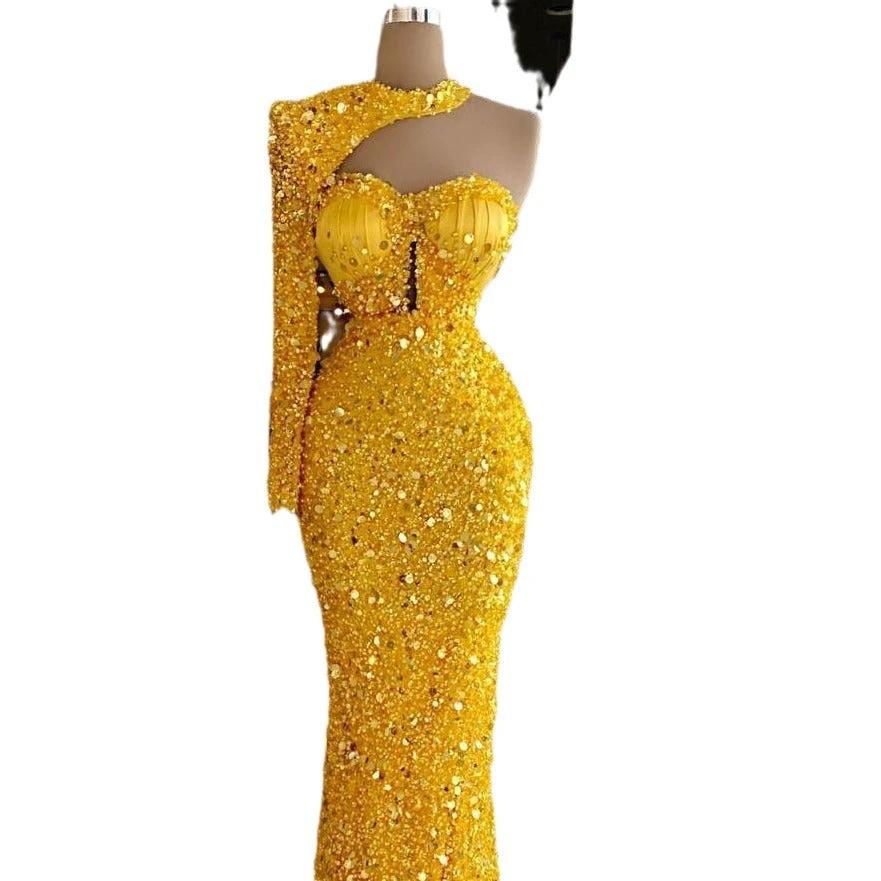 Mandotos sequined pear-shaped dress with embroidery lace, asymmetric design, and single sleeve for elegant evening wear.