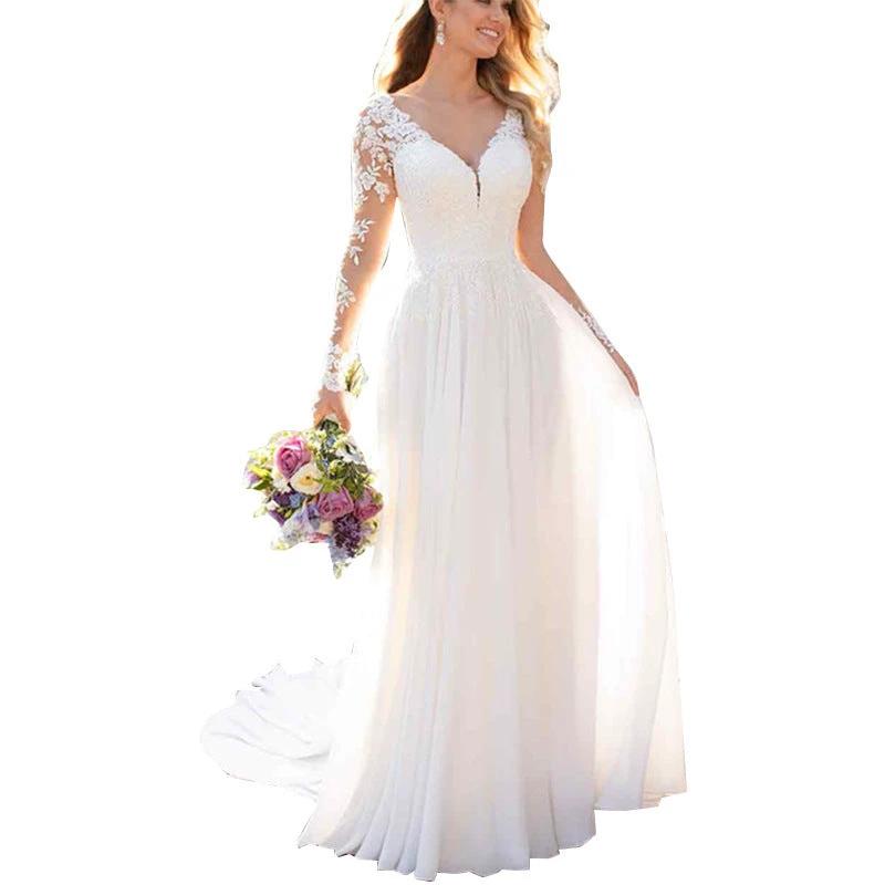 White backless deep V-neck wedding dress for women by MANDOTOS, elegant evening gown with a sexy, stylish design.