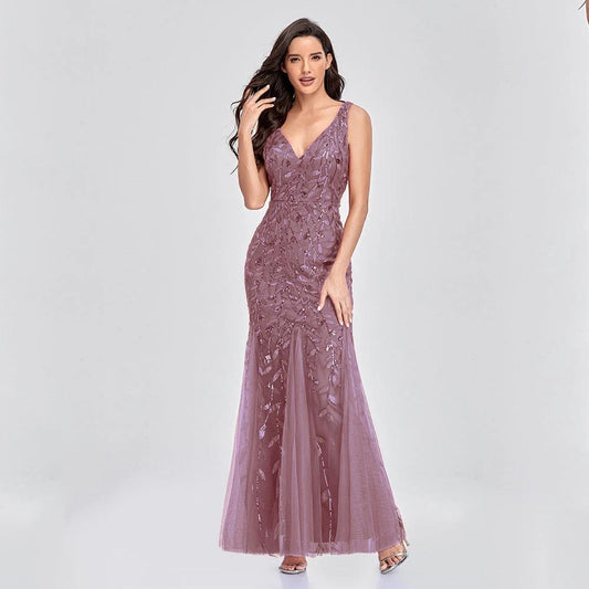 Mandotos sleeveless long mermaid dress with V-neck, embroidered sequins, and slim fit for elegant evening wear.