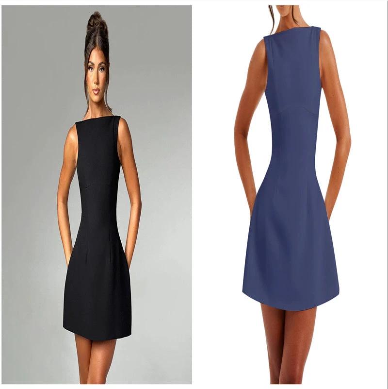 Mandotos sexy slim-fitting backless summer sleeveless short dress displayed on a model, highlighting its elegant design and fit.