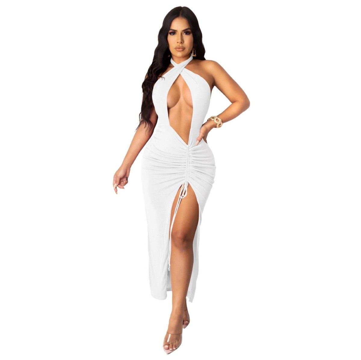 Mandotos sexy slim pleated high slit dress showing a fitted design with a thigh-high slit and elegant pleats.