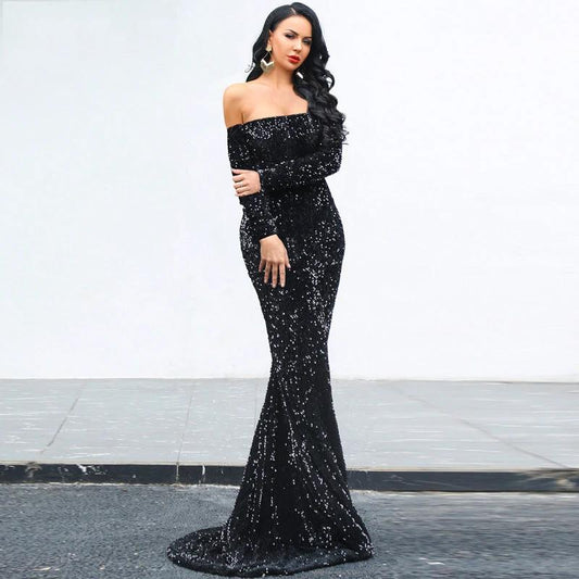 Mandotos sexy strapless long sleeve sequins evening dress, elegant party gown with shimmering embellishments and fitted silhouette.