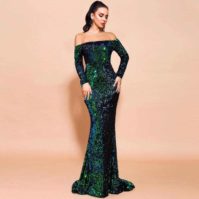 Mandotos sexy strapless long sleeve sequins evening dress, shimmering black party gown with fitted silhouette and elegant design.