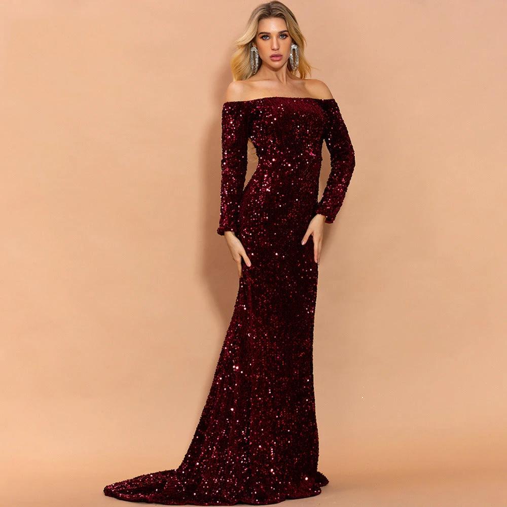 Mandotos sexy strapless long sleeve sequins evening dress, elegant party dress with shimmering embellishments and fitted silhouette.
