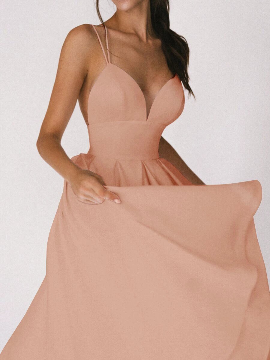 Mandotos women's sexy V-neck suspender dress, summer fashion A-line long dress with a stylish fit and sleeveless design.