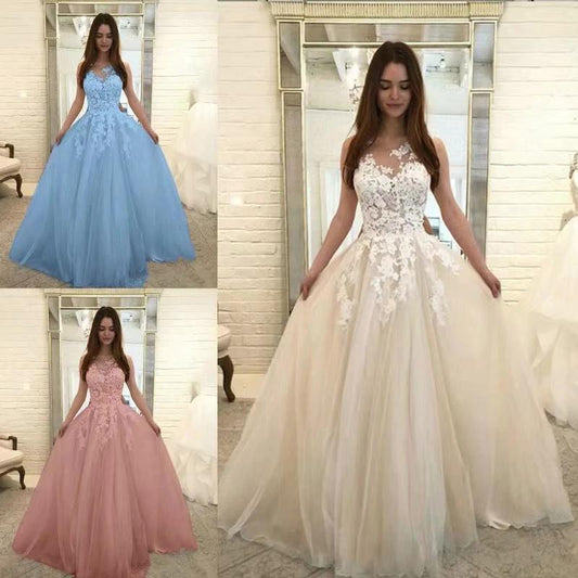 Elegant sleeveless floral lace wedding dress by MANDOTOS featuring romantic design and intricate flower appliqués.