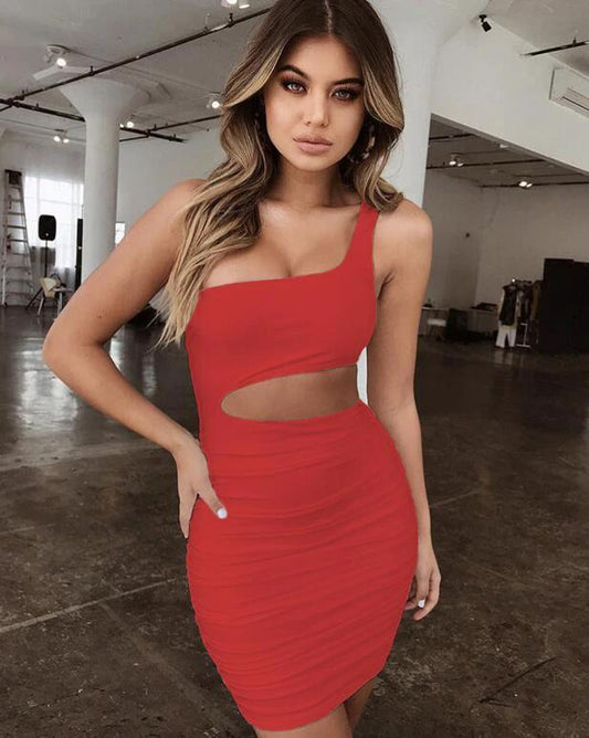 Mandotos slim one-shoulder short dress for women featuring a sexy hollow mini design, perfect for stylish evening wear.
