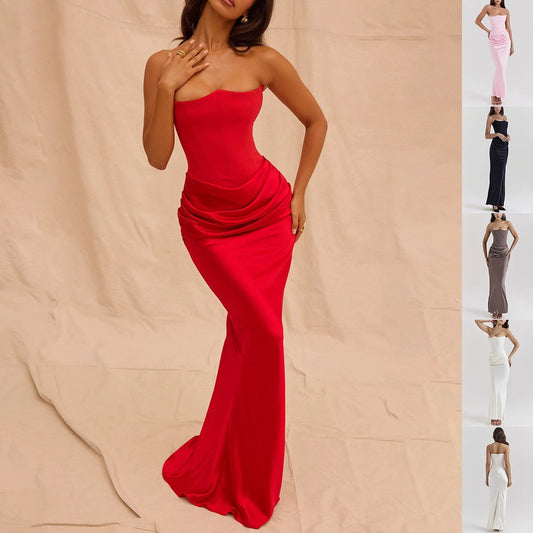 Mandotos slim tube top long dress for women, backless bandeau style, perfect for party and evening wear, fashionable and elegant.