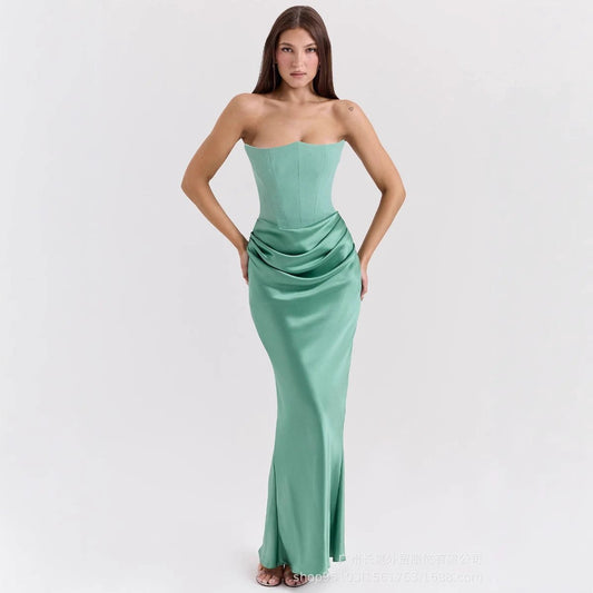 Mandotos slim tube top long dress for women, backless bandeau style, perfect for party and evening occasions.