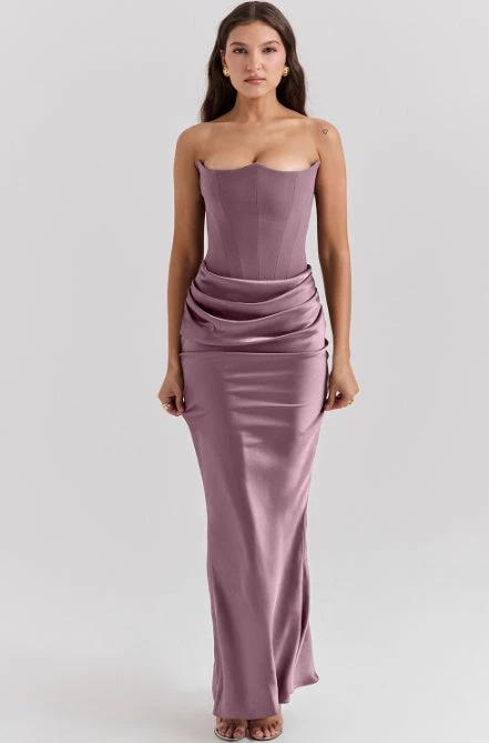 Mandotos slim tube top long dress for women, backless, bandeau style, perfect for evening parties and stylish occasions.