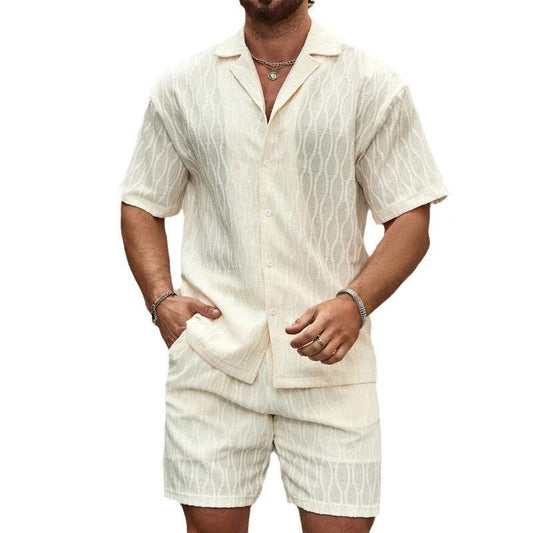 Mandotos men's summer tracksuit with relaxed fit lapel shirt and shorts, ideal for beach holidays, casual and stylish.