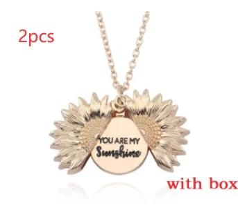 Mandotos sunflower double lettering necklace featuring gold chain and sunflower charms, perfect for stylish everyday wear.