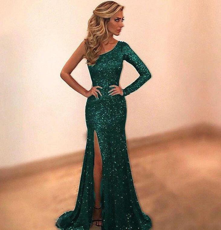 Mandotos women's long sleeve one-shoulder bronzing evening dress, stylish and elegant for evening wear.